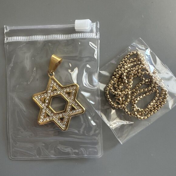 Stainless Steel Jewish Faith Star of David Necklace Bar Mitzvah Gold Zirconia - Picture 6 of 6